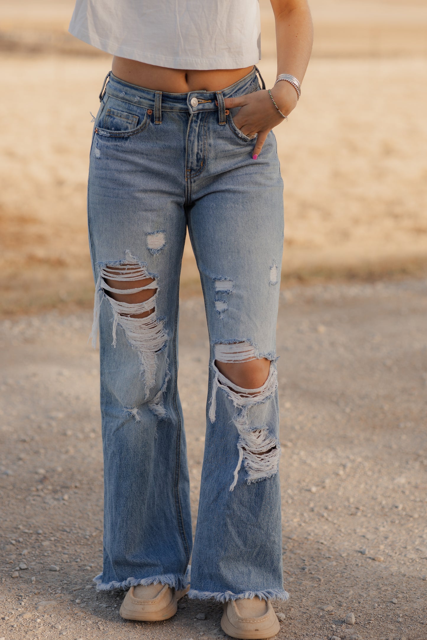 High Rise Ripped Flare Jean