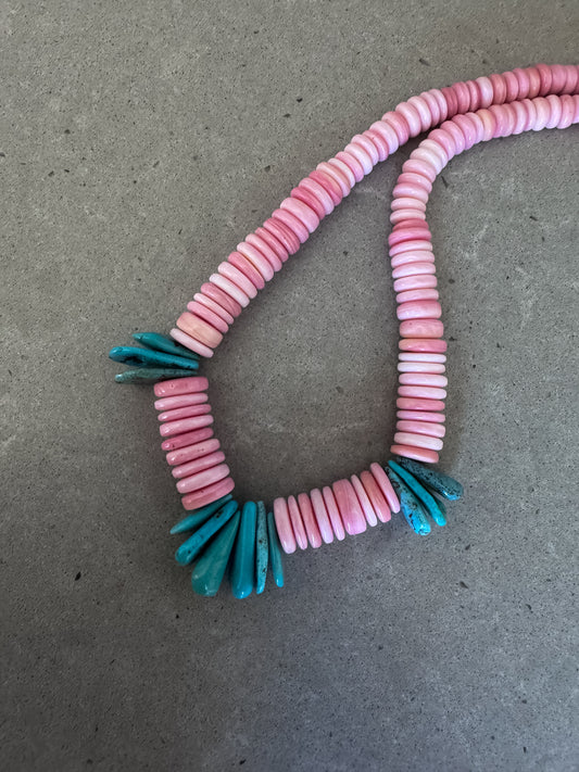 16.5” Blue Kingman Turquoise and Pink Conch