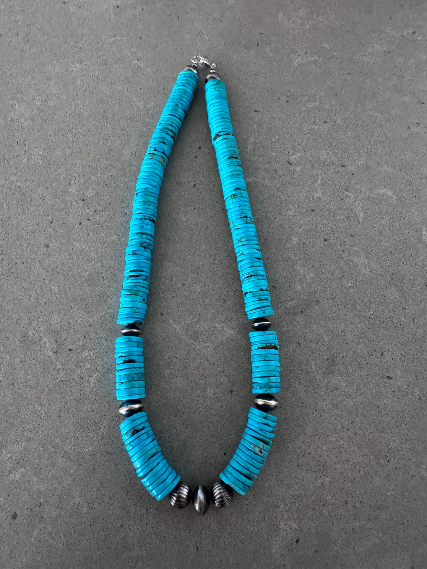 16.5” Blue Turquoise Disk w Sterling Silver Pearls and Saucers