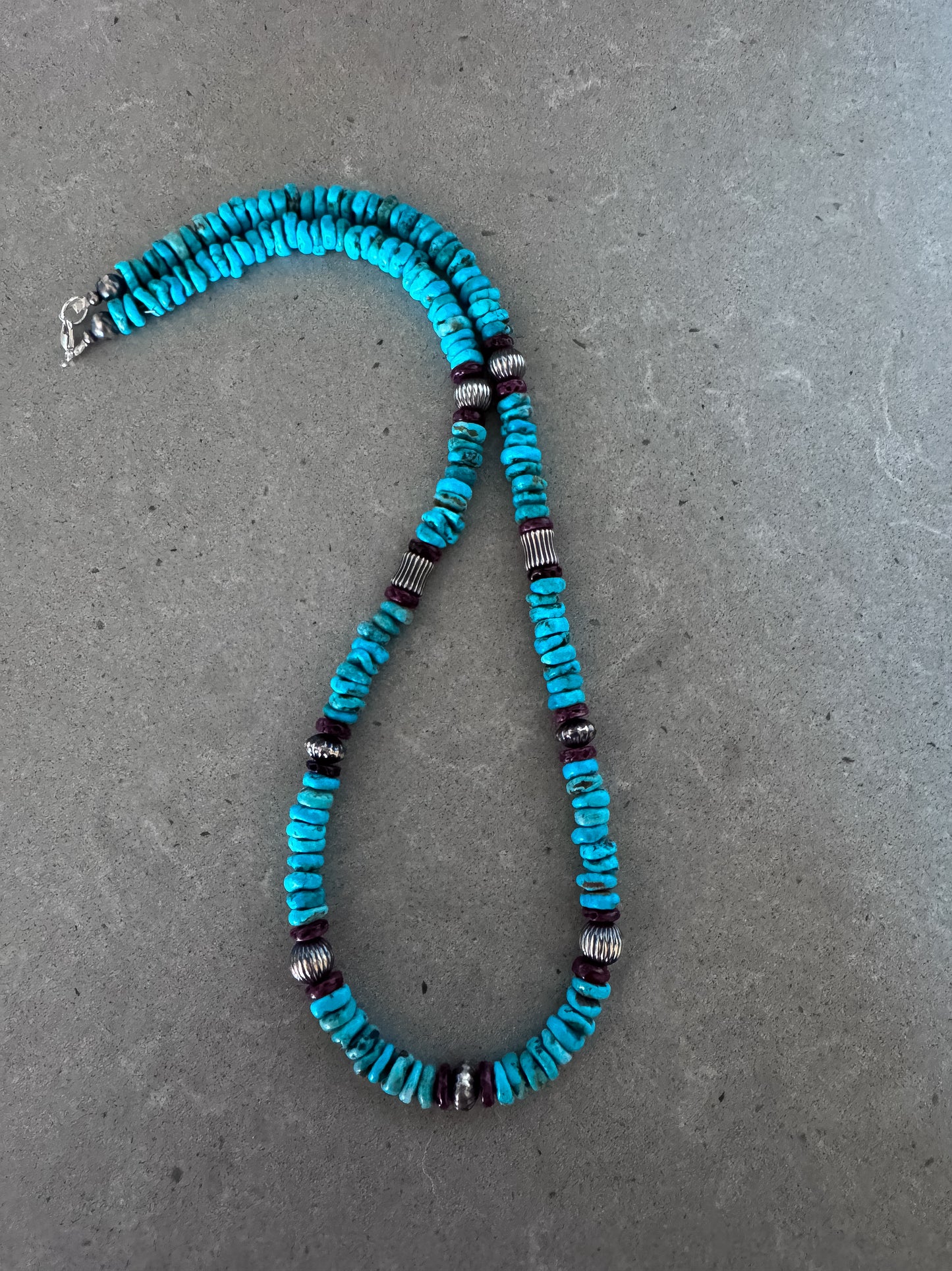 21.5” Turquoise Disk and Purple Spiny w Corrugated Sterling Silver Beads