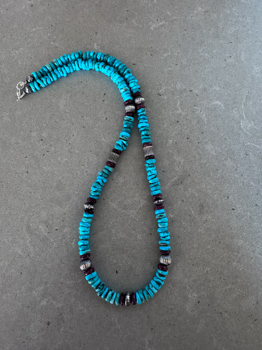 21.5” Turquoise Disk and Purple Spiny w Corrugated Sterling Silver Beads