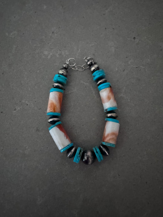 7-8” Orange Spiny, Turquoise, and Silver Bracelet