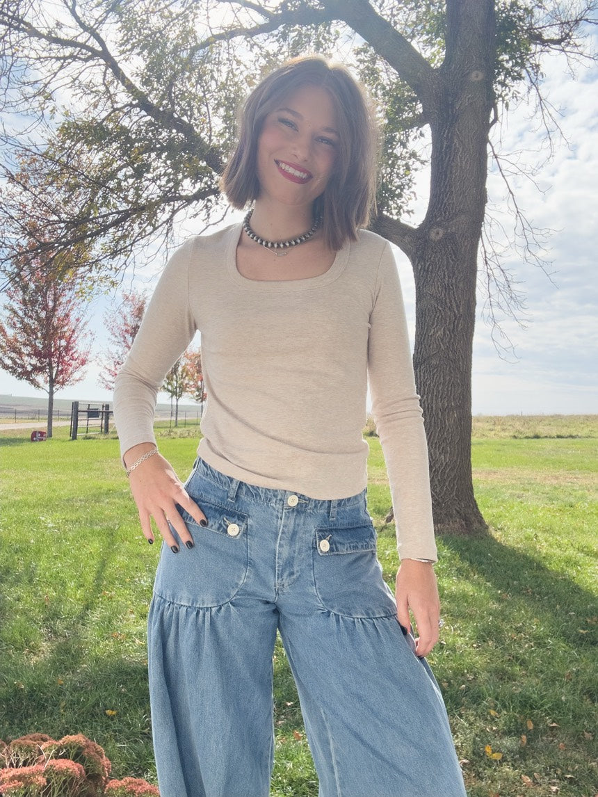 Oatmeal Soft Long Sleeve Scoop Neck