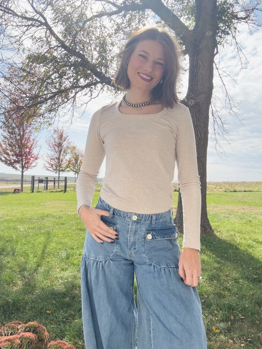 Oatmeal Soft Long Sleeve Scoop Neck