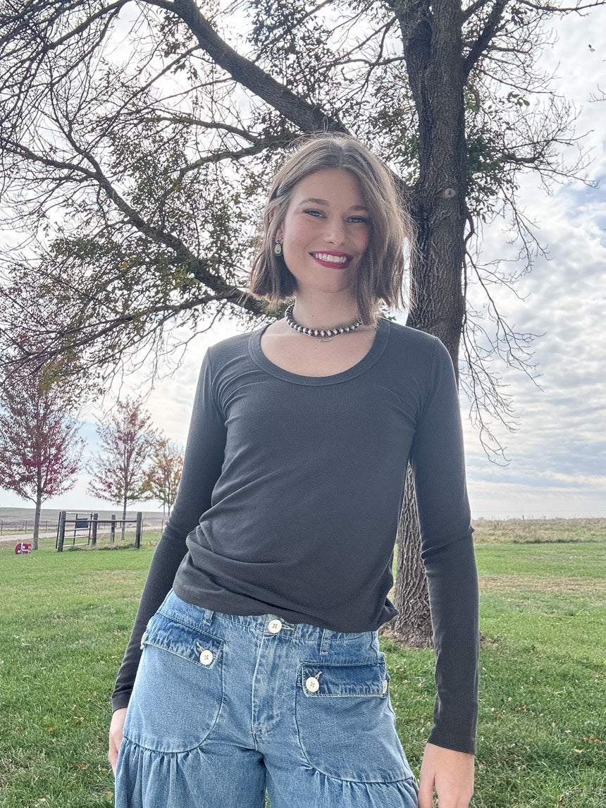 Dark Charcoal Ultra Soft Long Sleeve Scoop Neck