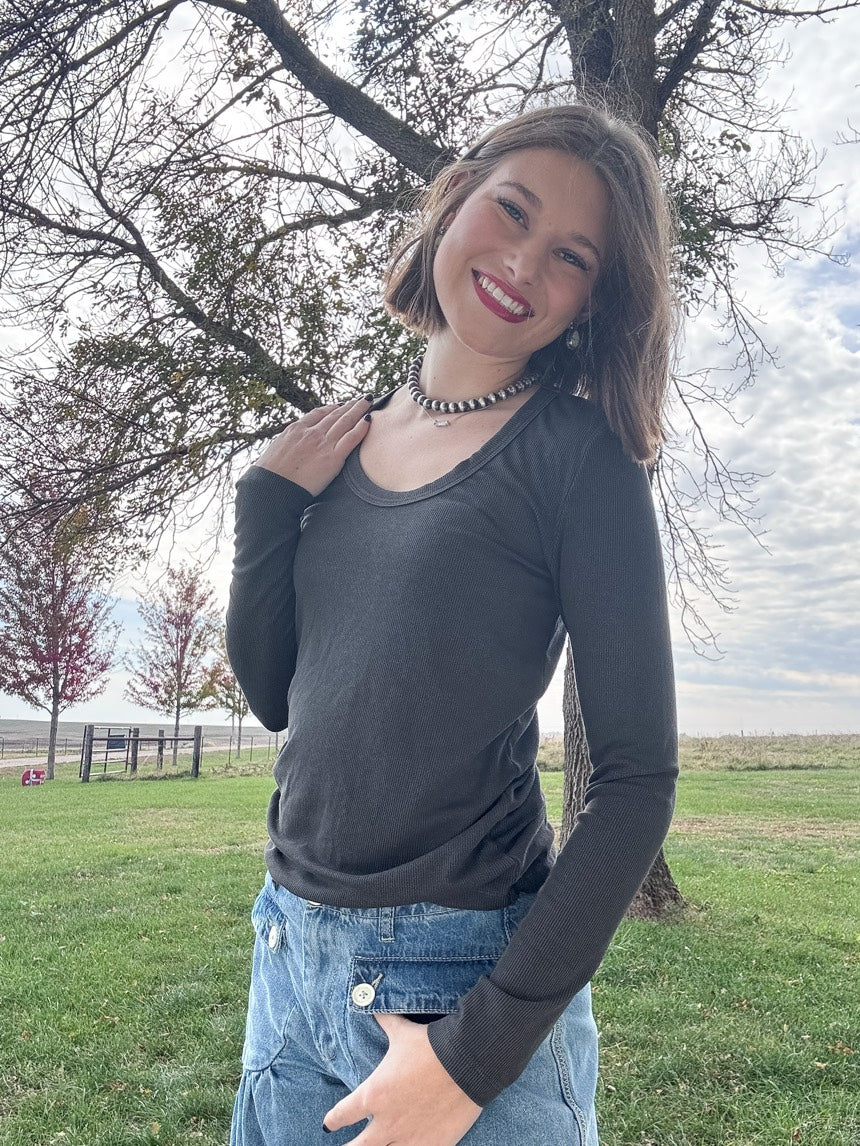 Dark Charcoal Ultra Soft Long Sleeve Scoop Neck