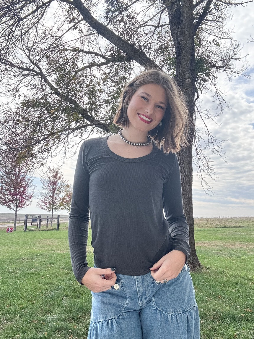 Dark Charcoal Ultra Soft Long Sleeve Scoop Neck
