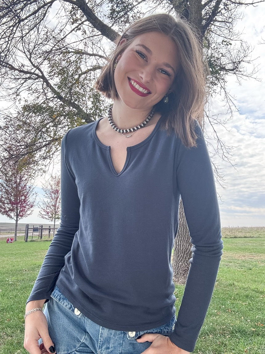 Navy Soft Notched Neckline Long Sleeve