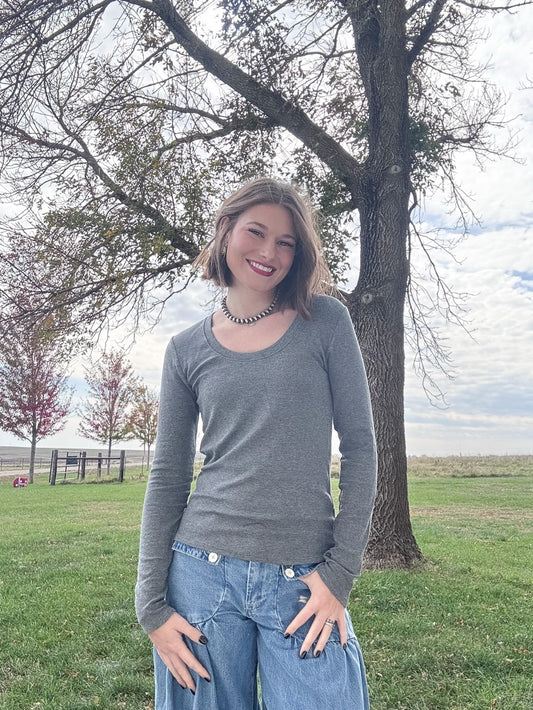 Heather Grey Ultra Soft Ribbed Scoop Neck Long Sleeve