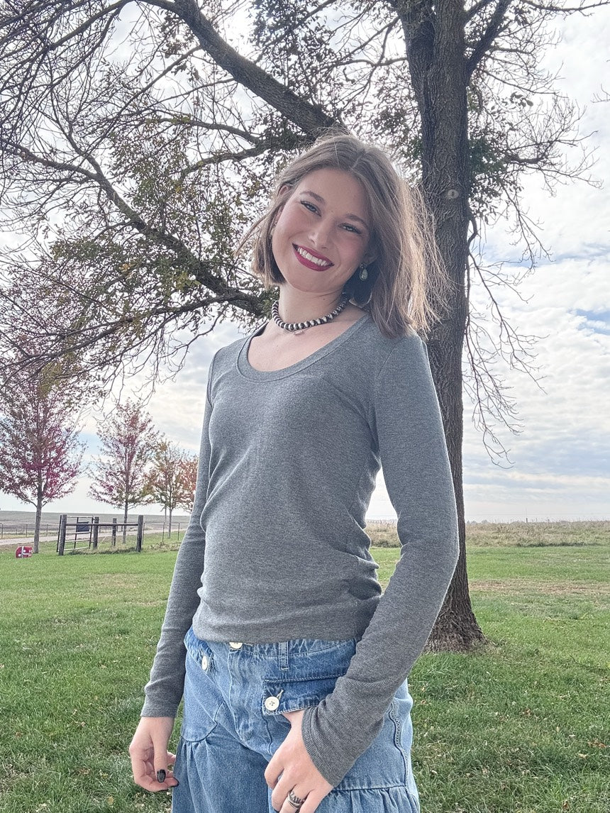 Heather Grey Ultra Soft Ribbed Scoop Neck Long Sleeve