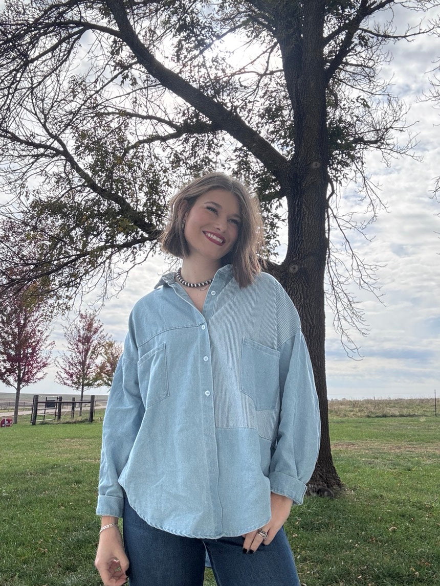 Light wash denim contrast panel button down