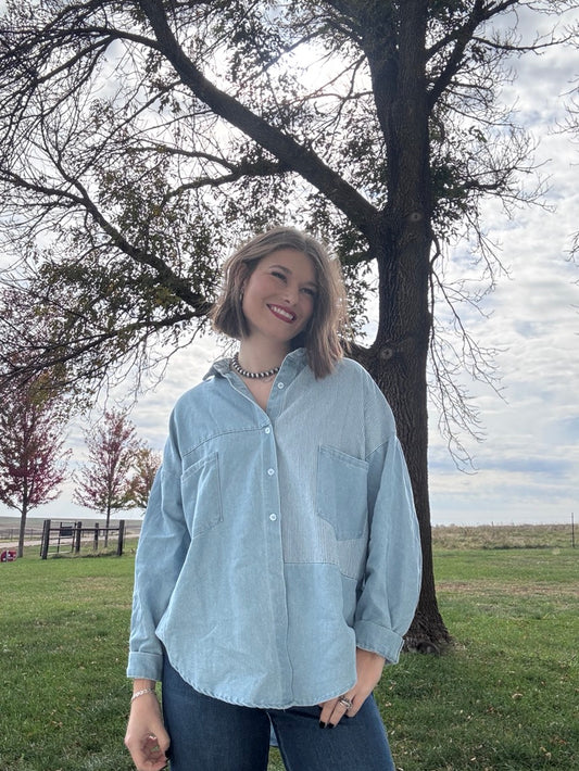 Light wash denim contrast panel button down