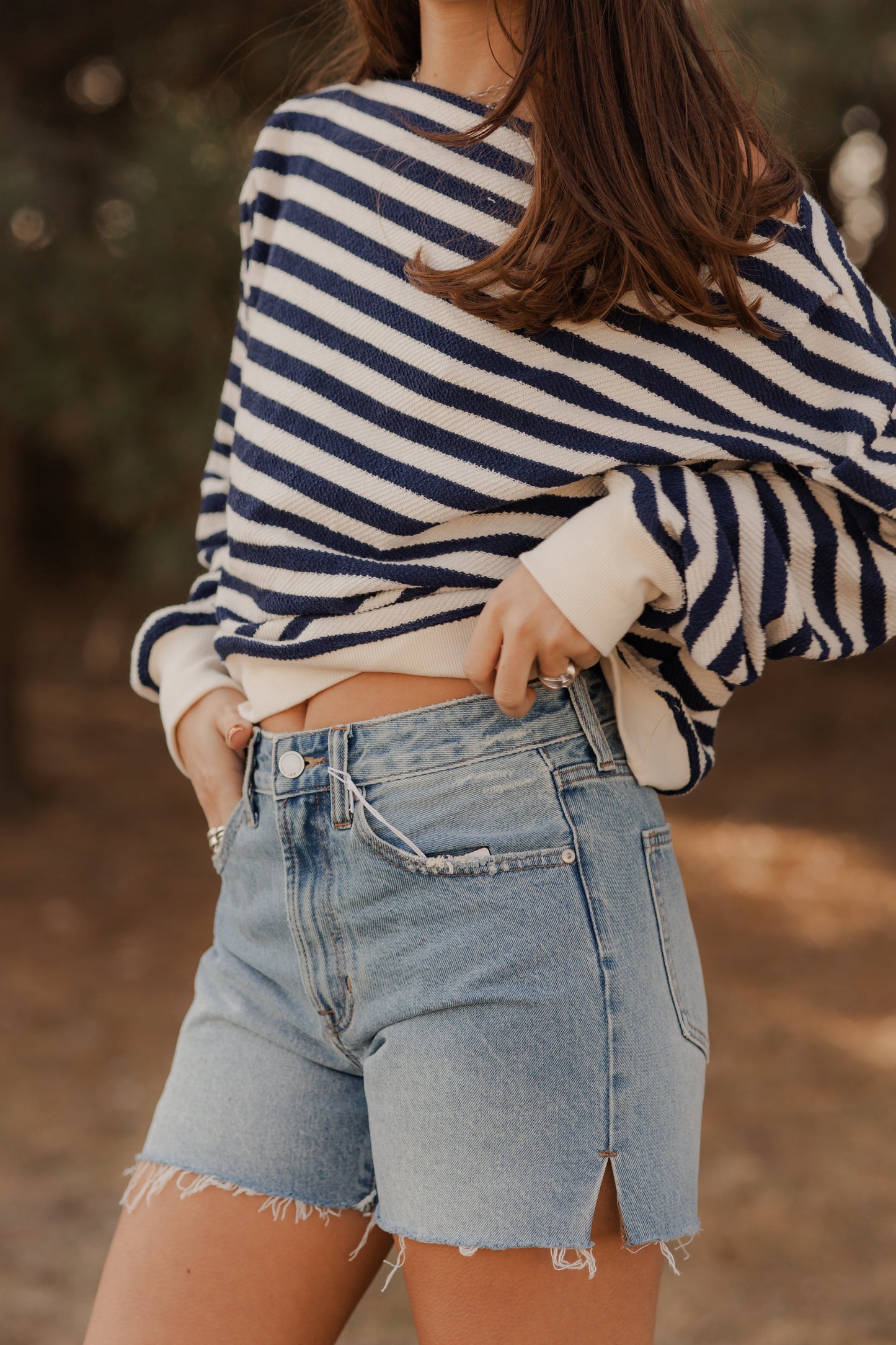 High Rise Side Slit Denim Shorts