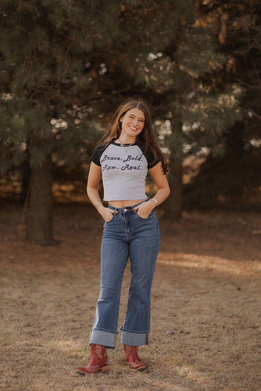 Mantra- Grey/ Black Baby Tee ( Women’s)