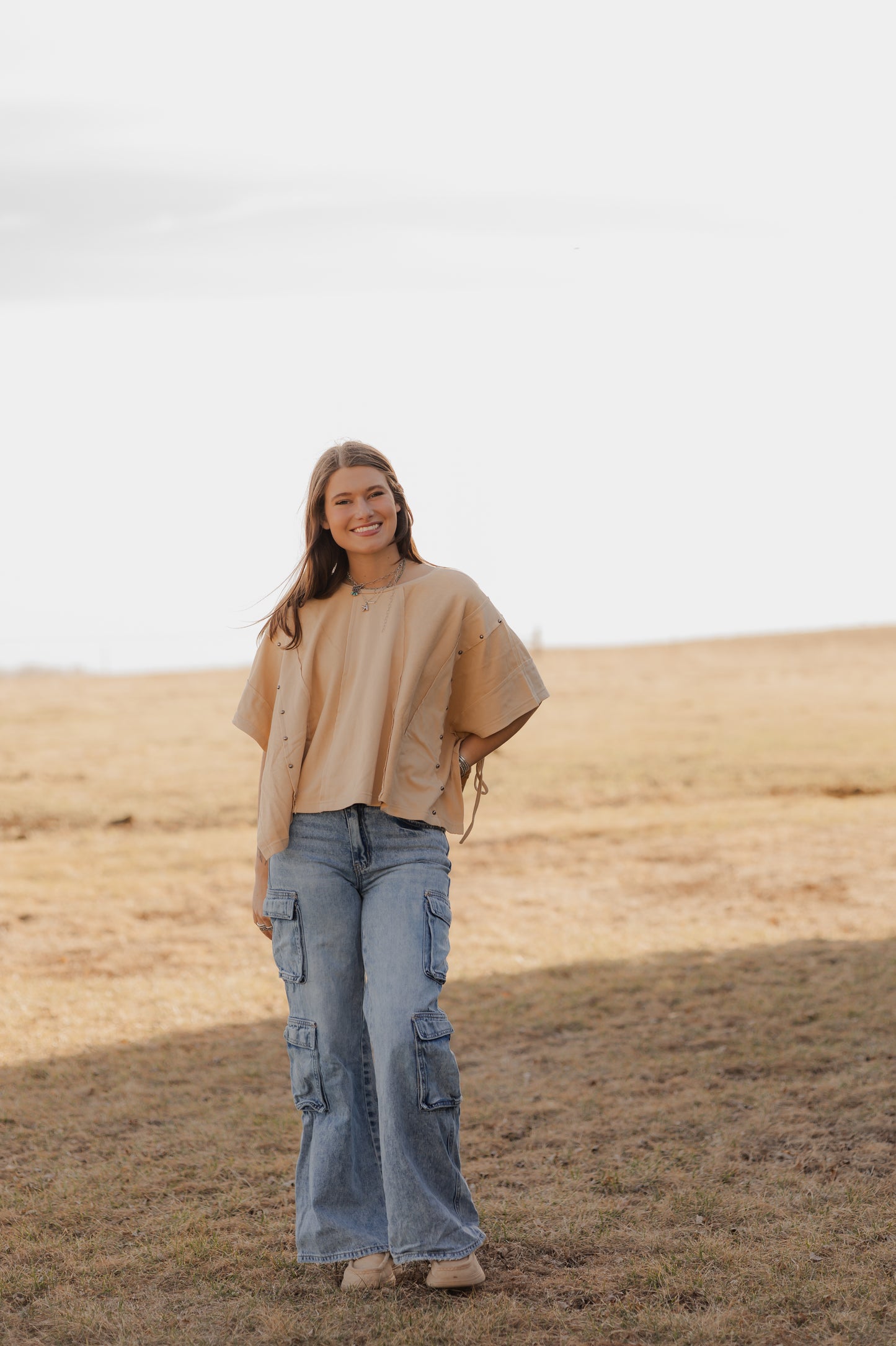 Tan tie side boxy top