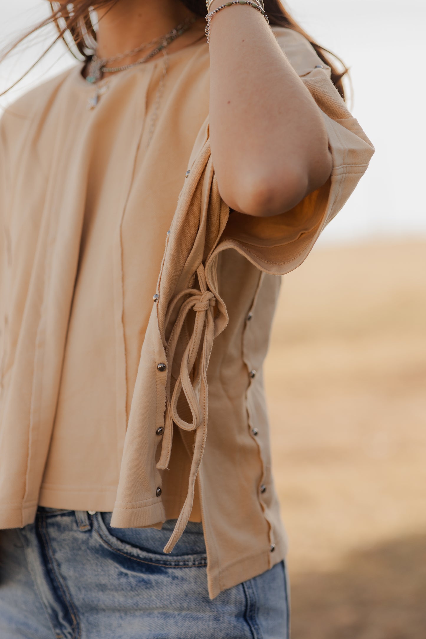 Tan tie side boxy top