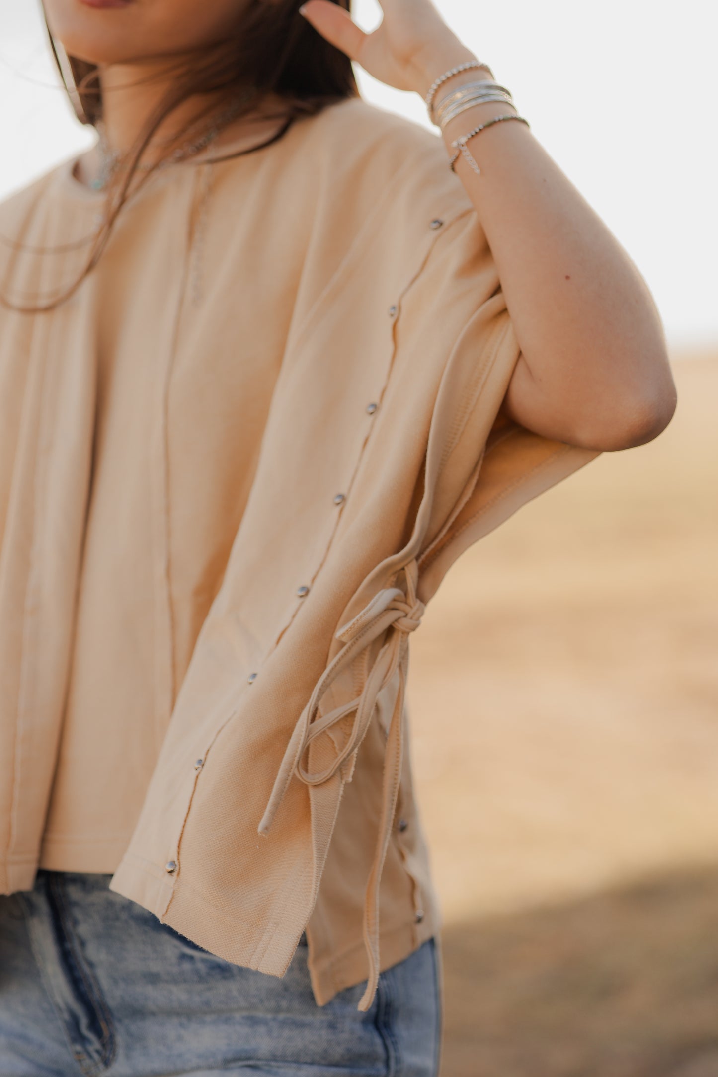 Tan tie side boxy top