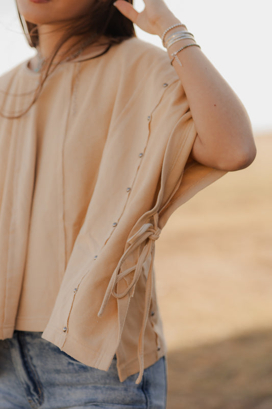 Tan tie side boxy top