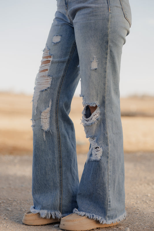 High Rise Ripped Flare Jean