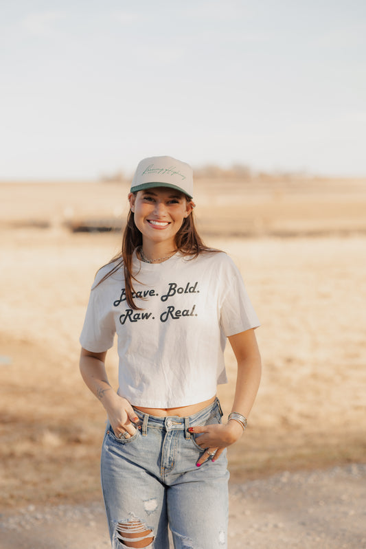 Mantra- Vintage White crop tee