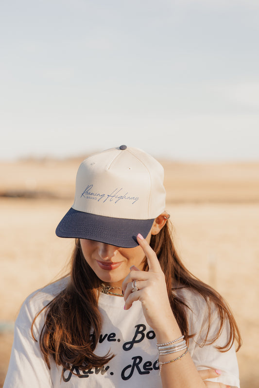 Navy- cursive trucker
